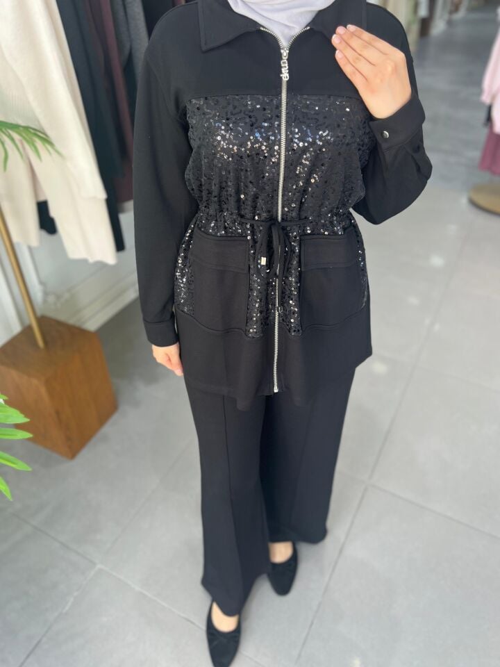 PAYET GARNİ DETAYLI TAKIM SİYAH