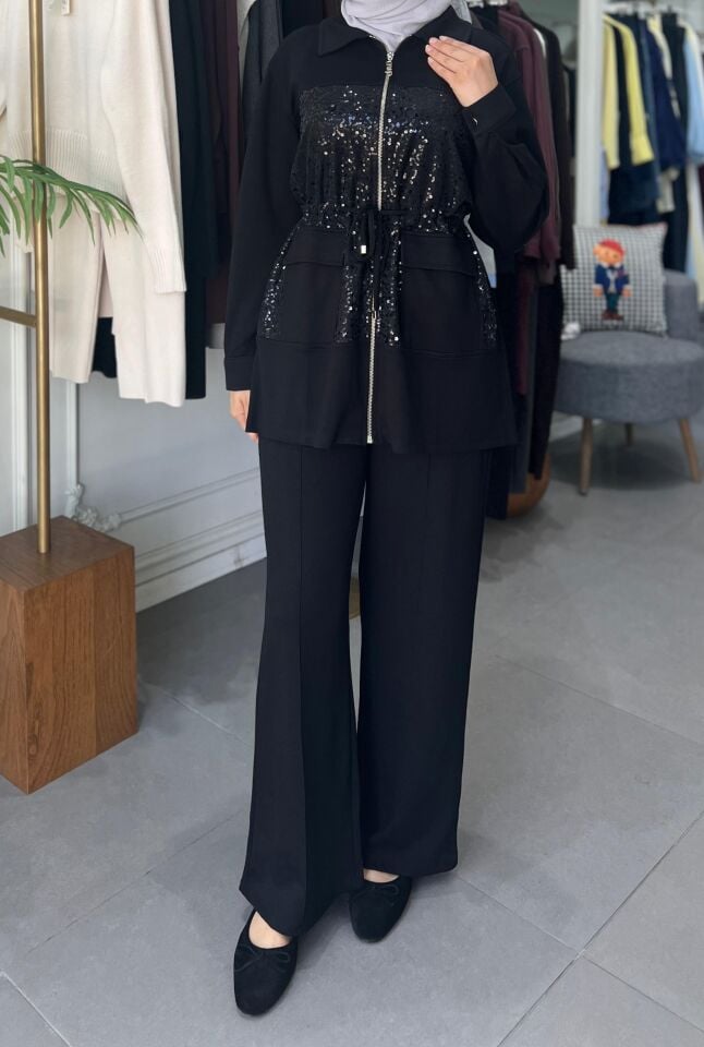 PAYET GARNİ DETAYLI TAKIM SİYAH