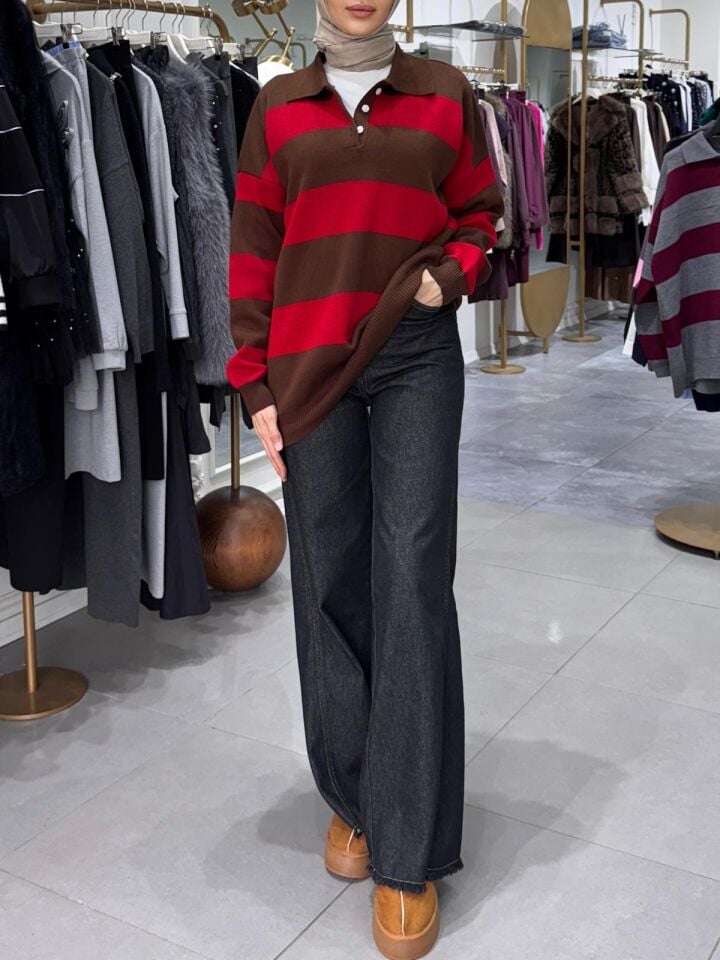 ÇİZGİLİ POLO YAKA KAZAK