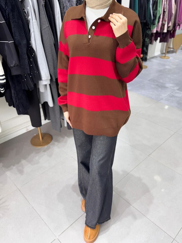 ÇİZGİLİ POLO YAKA KAZAK