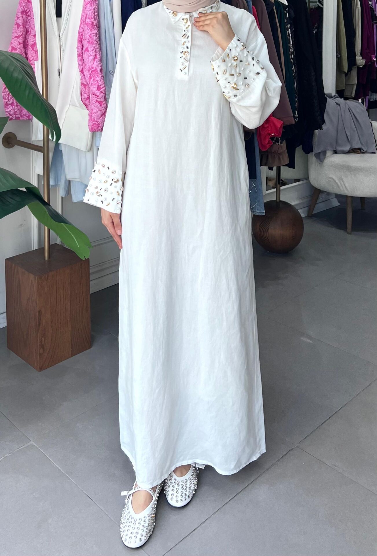 LİNEN KETEN ELBİSE  EKRU