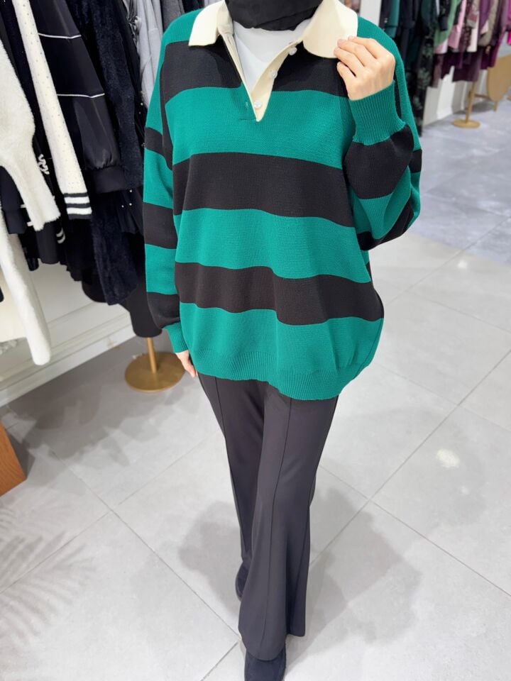 ÇİZGİLİ POLO YAKA KAZAK YEŞİL