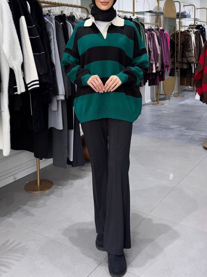 ÇİZGİLİ POLO YAKA KAZAK YEŞİL