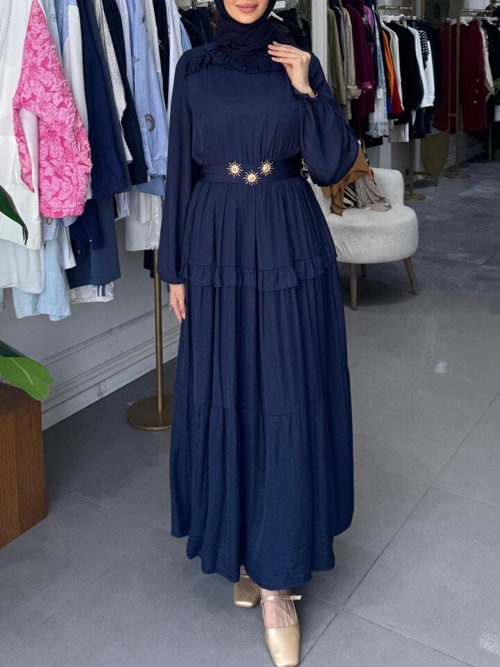 SHINY RUFFLE ELBİSE  LACİVERT