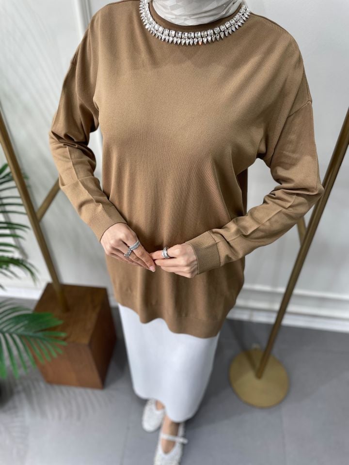 MAGLİA TAŞ İŞLEMELİ TUNİK  CAMEL