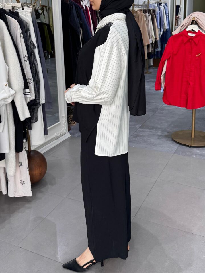 ÇİZGİ DANTEL DETAY GÖMLEK