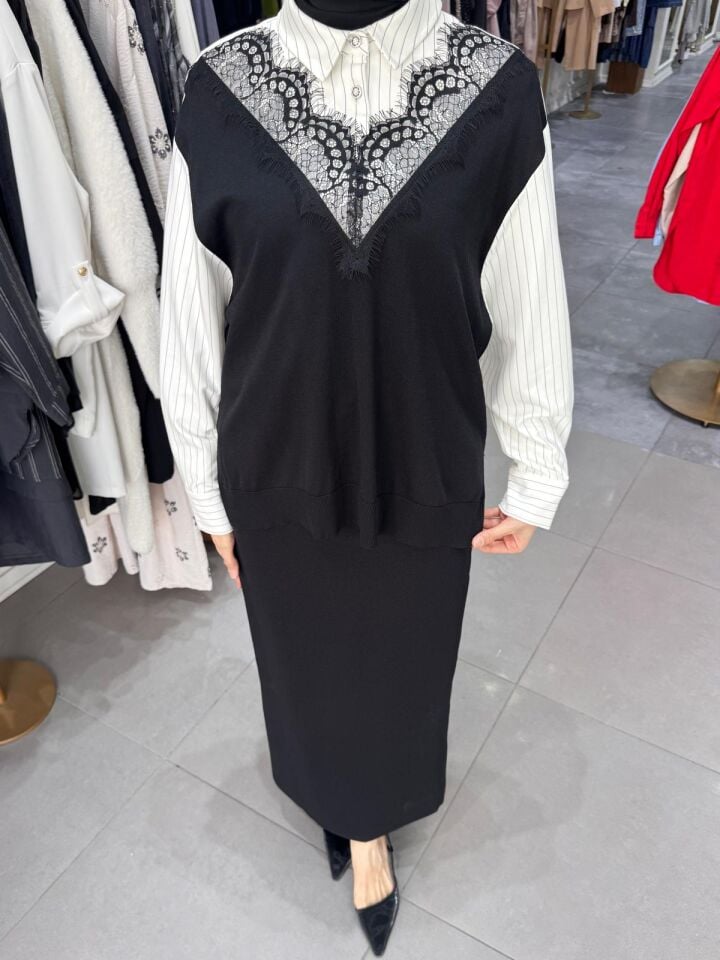 ÇİZGİ DANTEL DETAY GÖMLEK