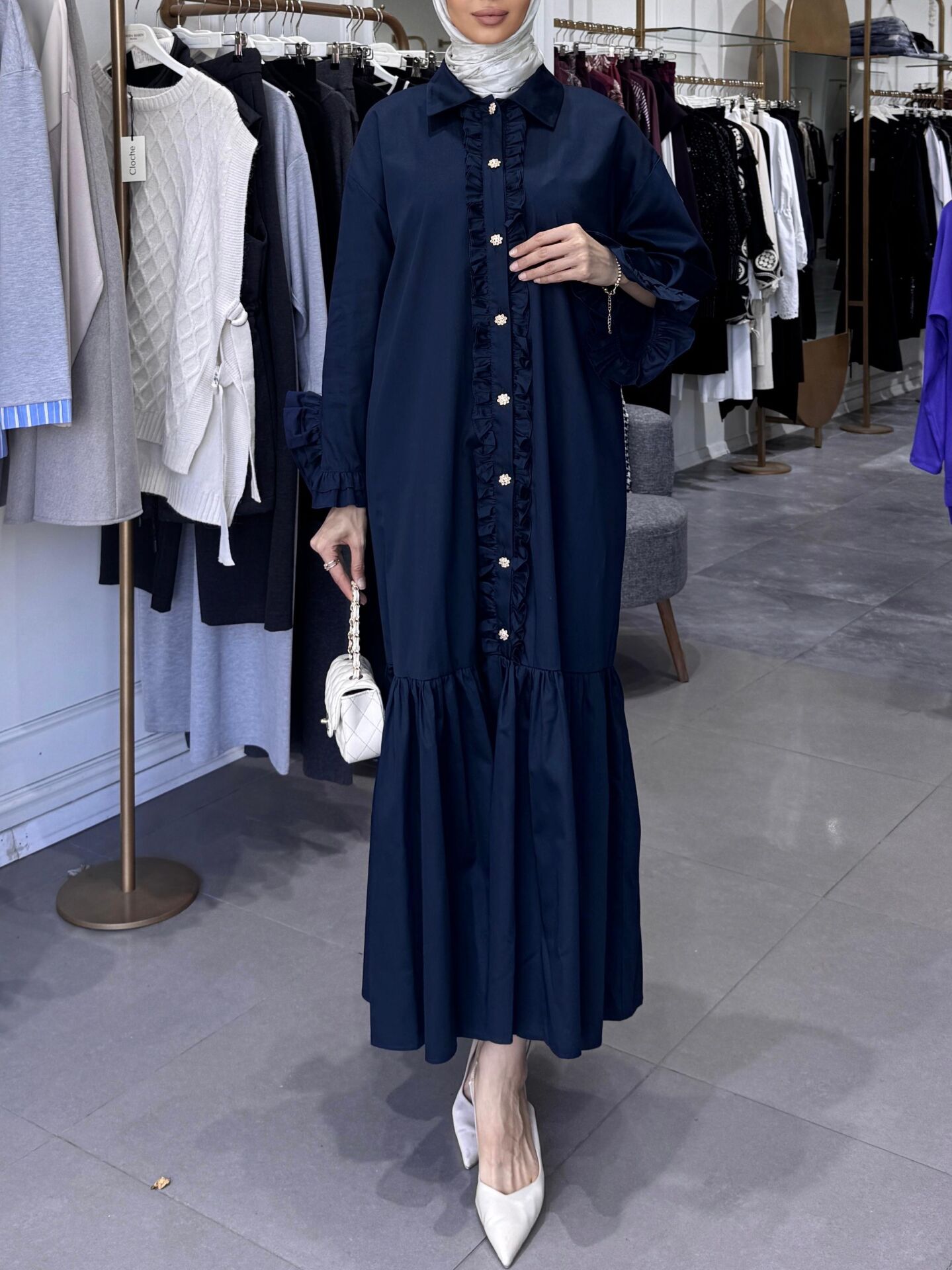 DÜĞME FIR FIR DETAYLI ELBİSE LACİVERT