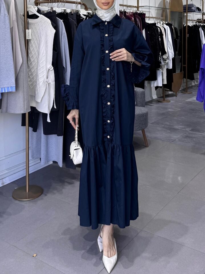 DÜĞME FIR FIR DETAYLI ELBİSE LACİVERT