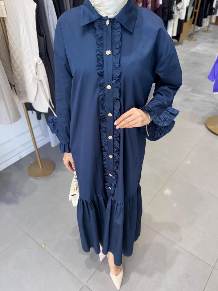 DÜĞME FIR FIR DETAYLI ELBİSE LACİVERT