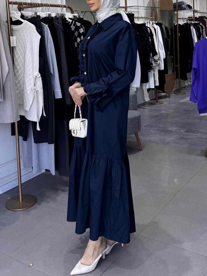 DÜĞME FIR FIR DETAYLI ELBİSE LACİVERT