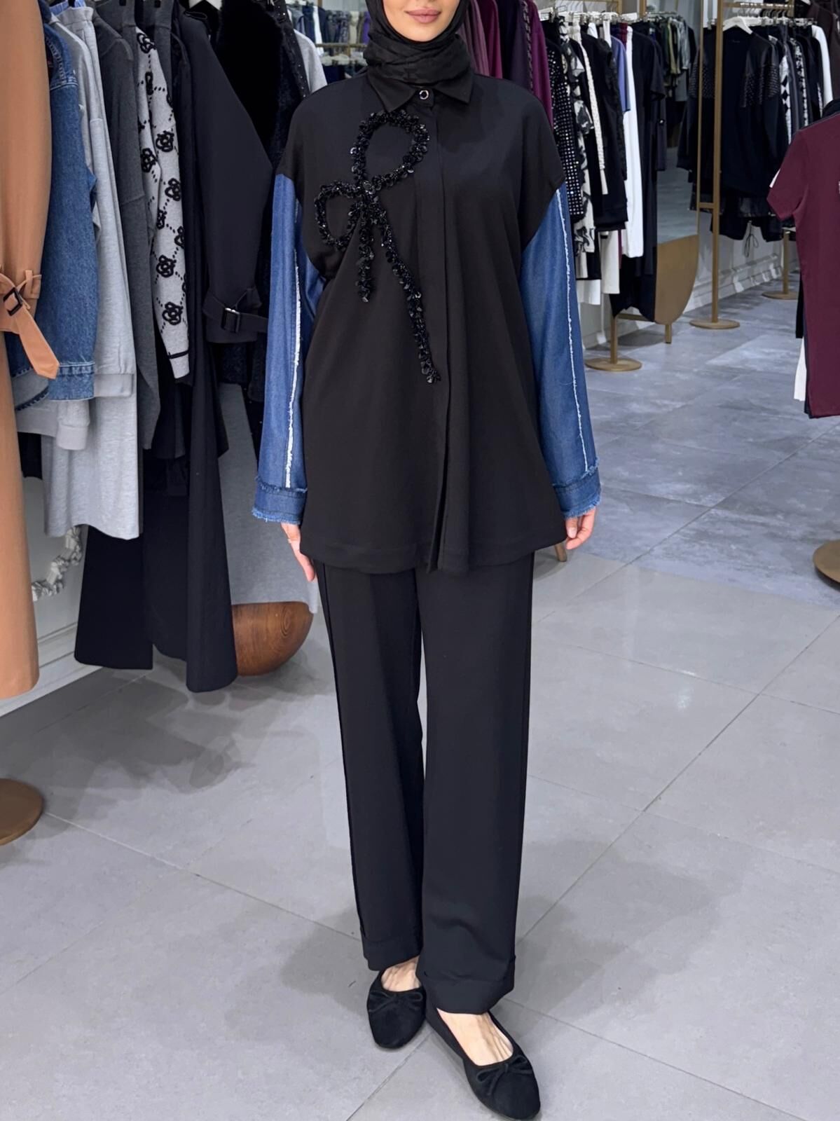 PUL FİYONK DETAY KOL DENİM TAKIM SİYAH