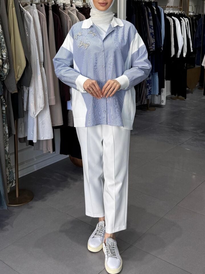 FİYONK TAŞ DETAY GÖMLEK MAVİ