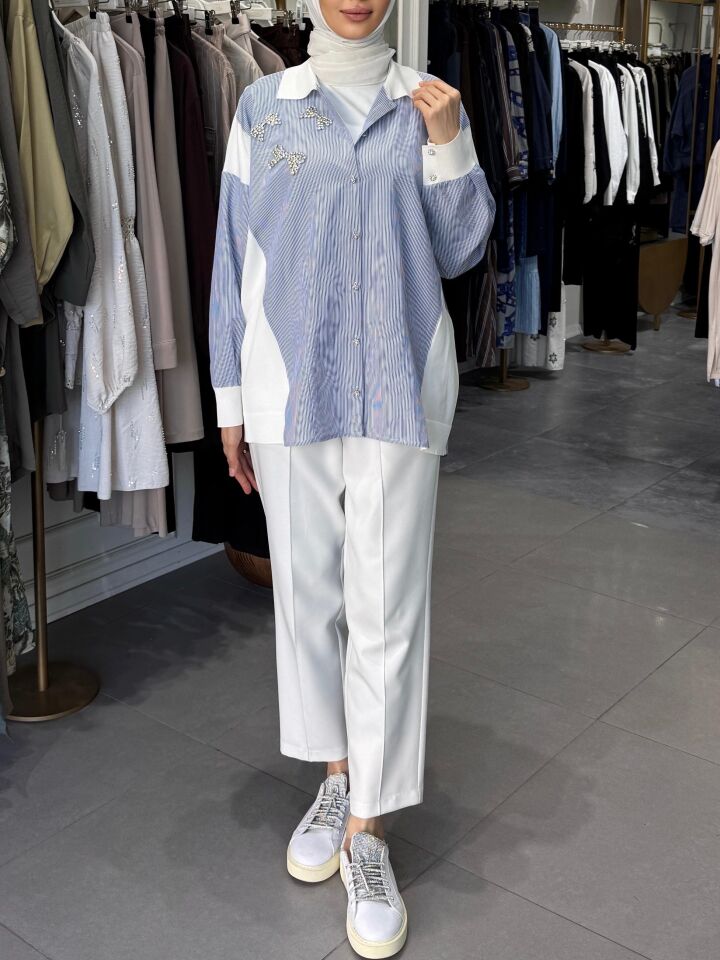 FİYONK TAŞ DETAY GÖMLEK MAVİ