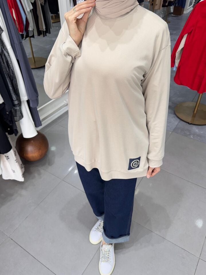 LOGO İŞLEMELİ TENSEL SWEATSHİRT BEJ