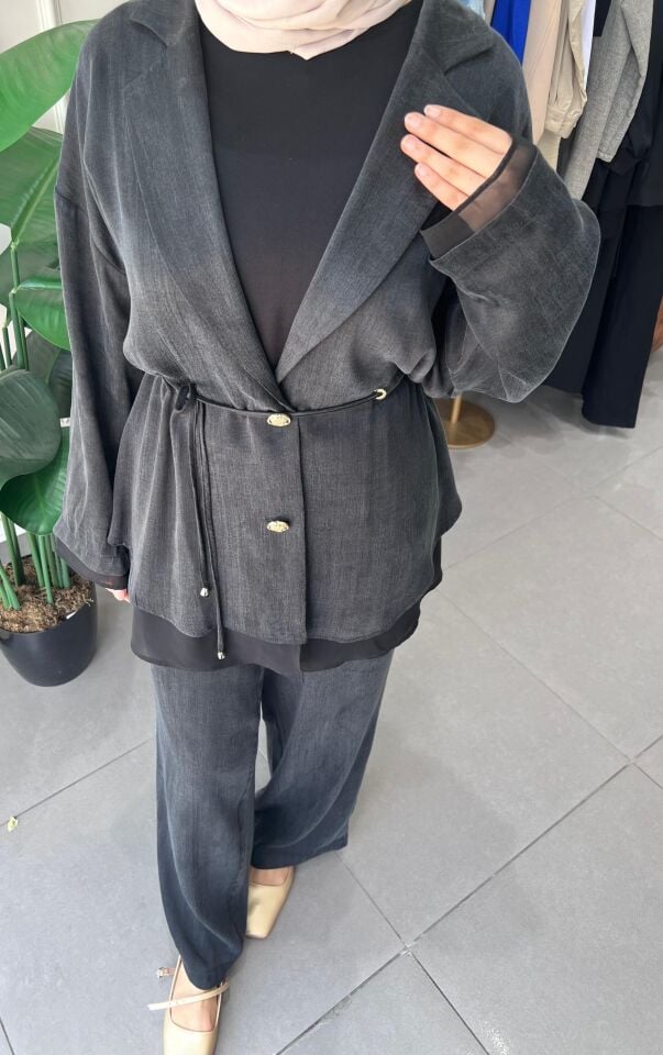 TÜL DETAYLI BLAZER TAKIM SİYAH
