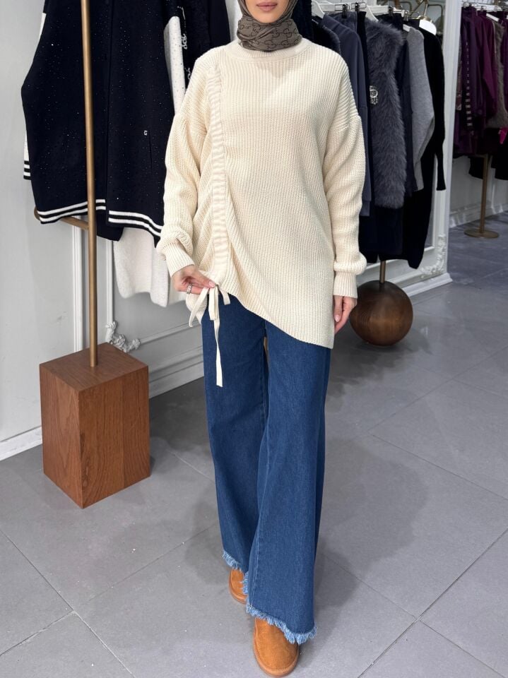 ÖN İPLİ BÜZGÜLÜ TUNİK BEJ