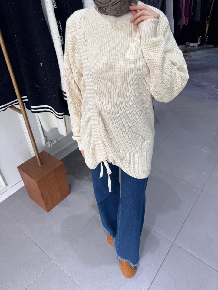 ÖN İPLİ BÜZGÜLÜ TUNİK BEJ