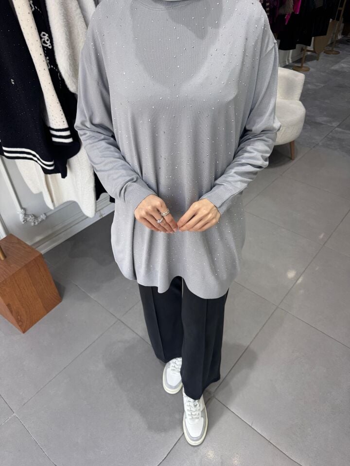 TAŞLI İNCE MERSERİZE TUNİK GRİ