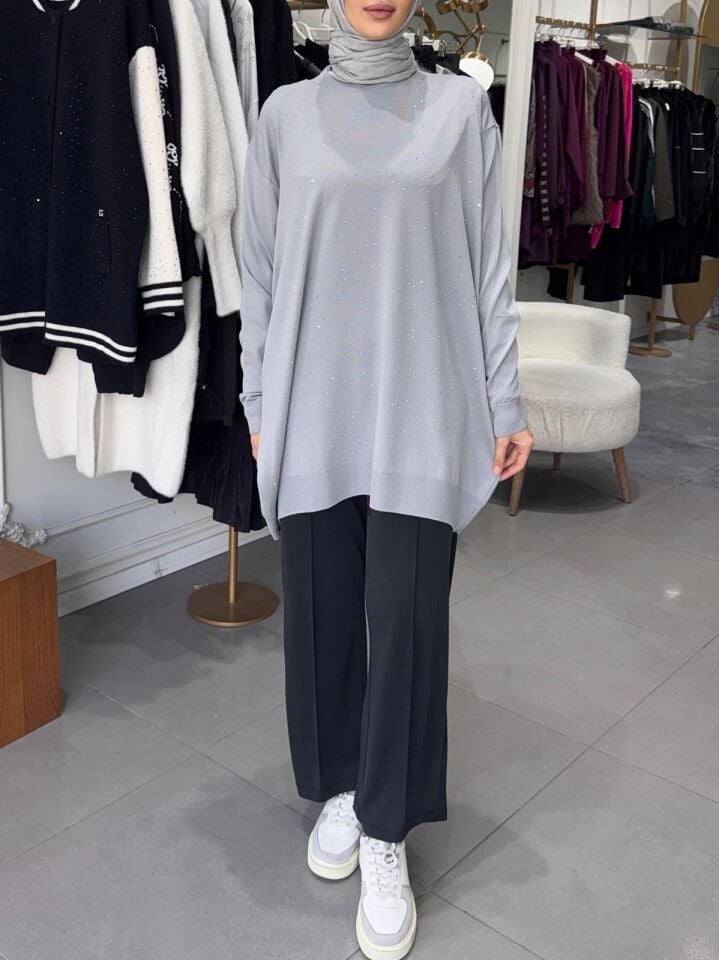 TAŞLI İNCE MERSERİZE TUNİK GRİ