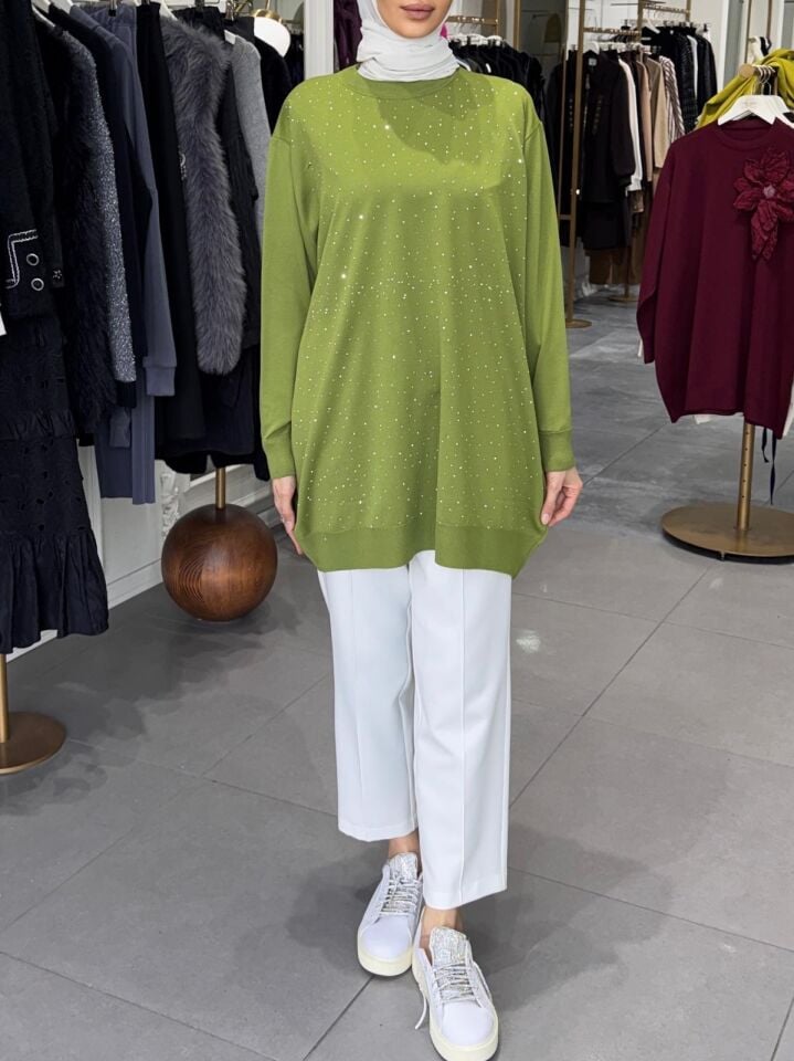 TAŞLI İNCE MERSERİZE TUNİK YEŞİL