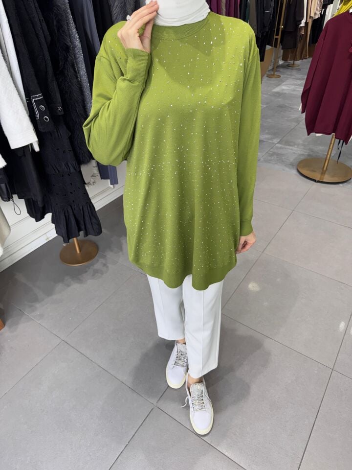 TAŞLI İNCE MERSERİZE TUNİK YEŞİL