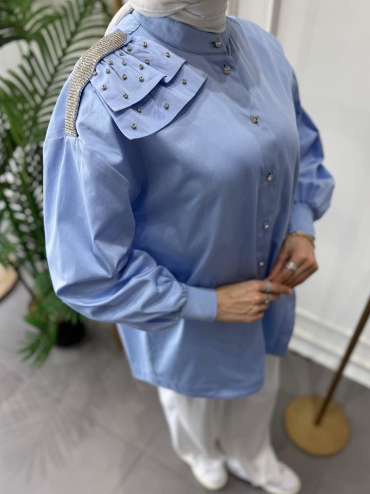 DÜĞME TAŞ DETAYLI GÖMLEK MAVİ