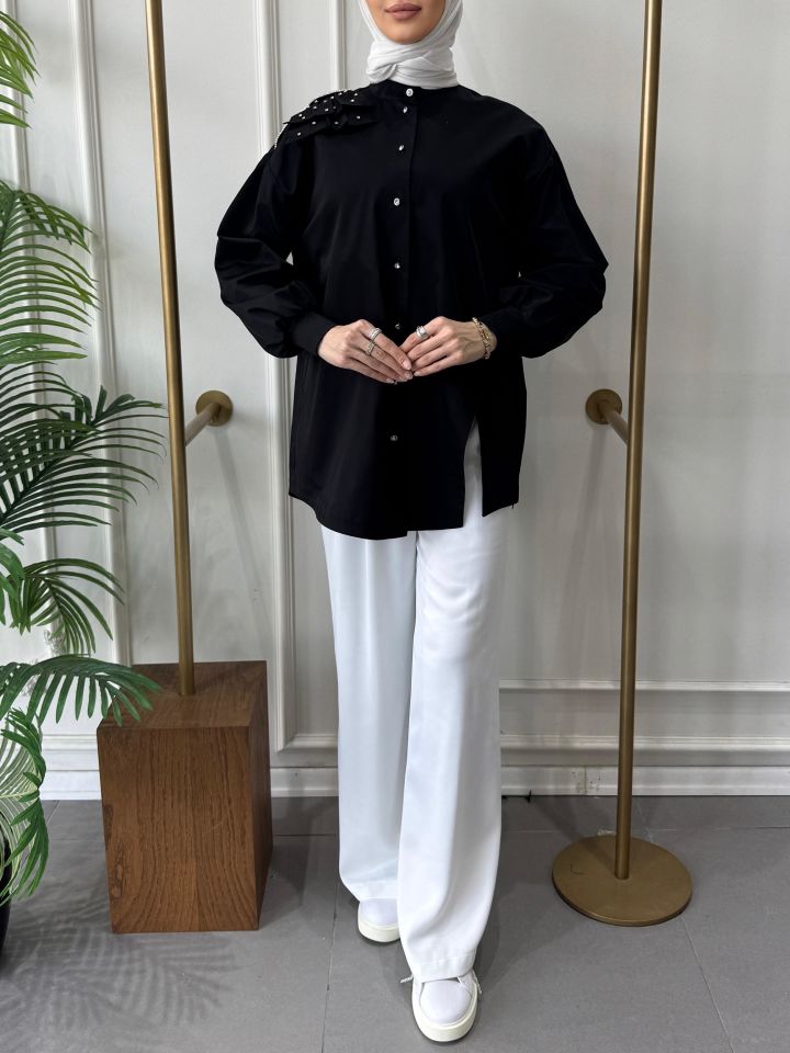 DÜĞME TAŞ DETAYLI GÖMLEK SİYAH