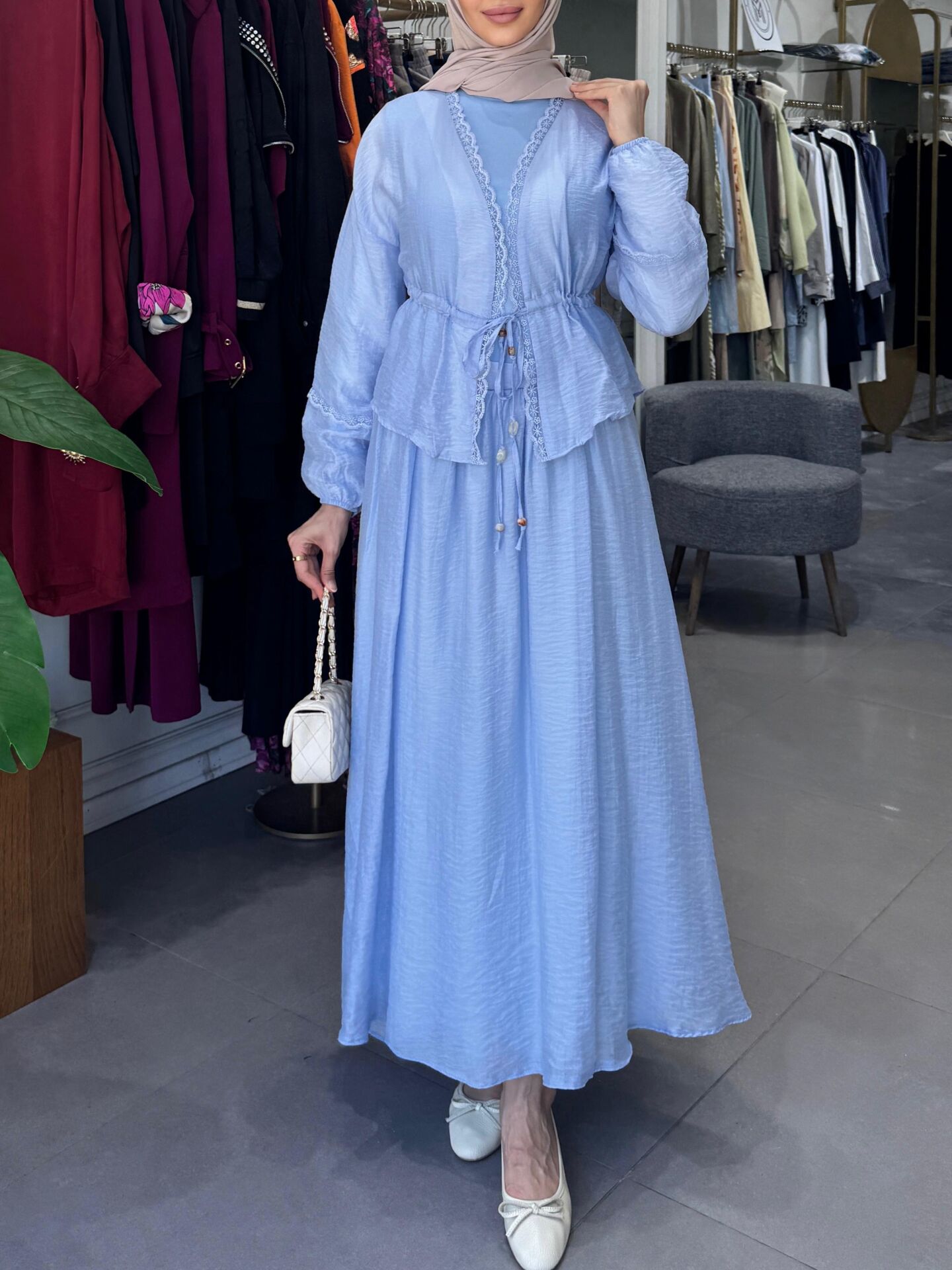 DANTEL BEL BÜZGÜ TENSEL ETEKLİ TAKIM MAVİ