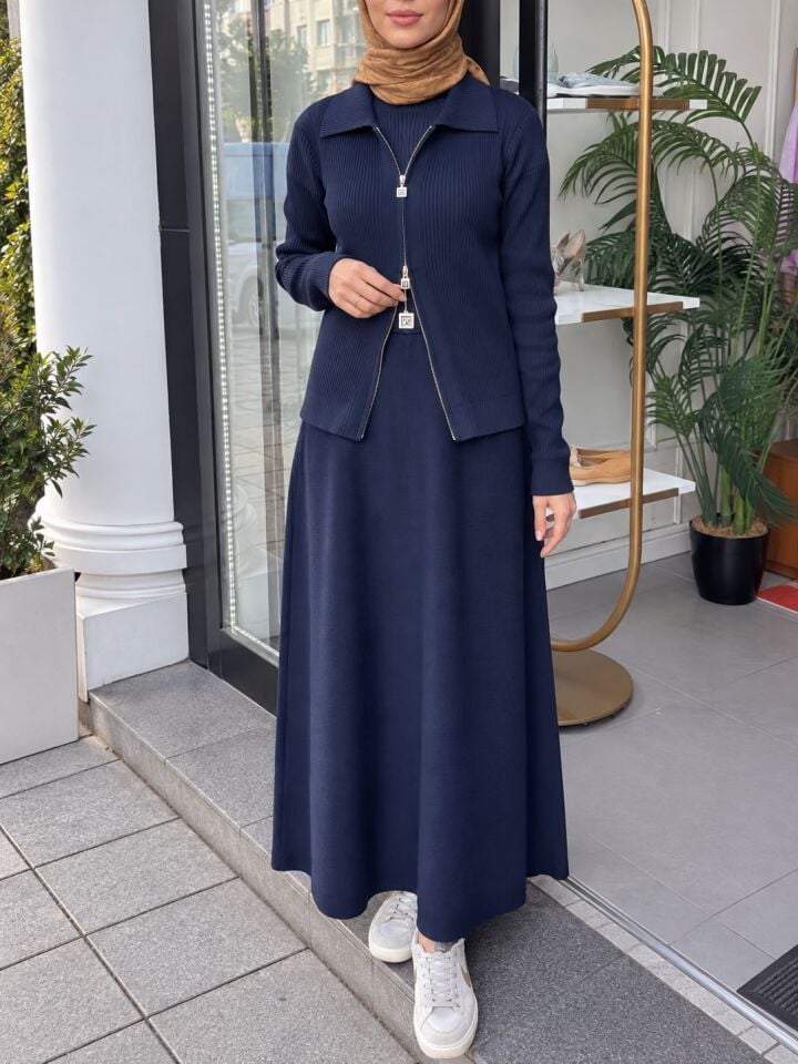 FERMUARLI TRİKO HIRKA LACİVERT